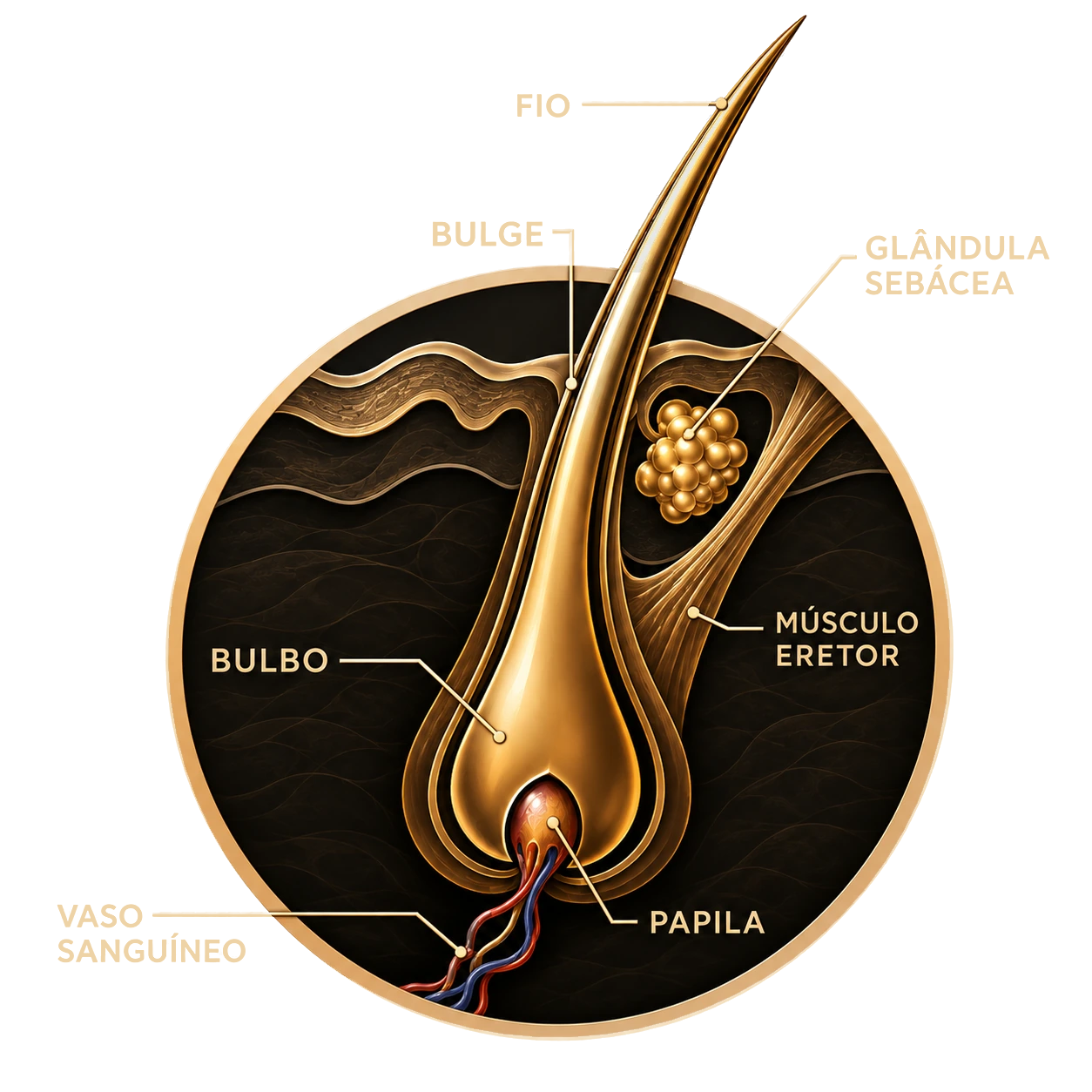 Ilustração do folículo piloso: fio, bulge, glândula sebácea, músculo eretor, bulbo, papila e vaso sanguíneo